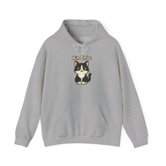 "Xin Chào" Vietnamese Cartoon Tuxedo Cat Hoodie – Cute & Cozy Streetwear