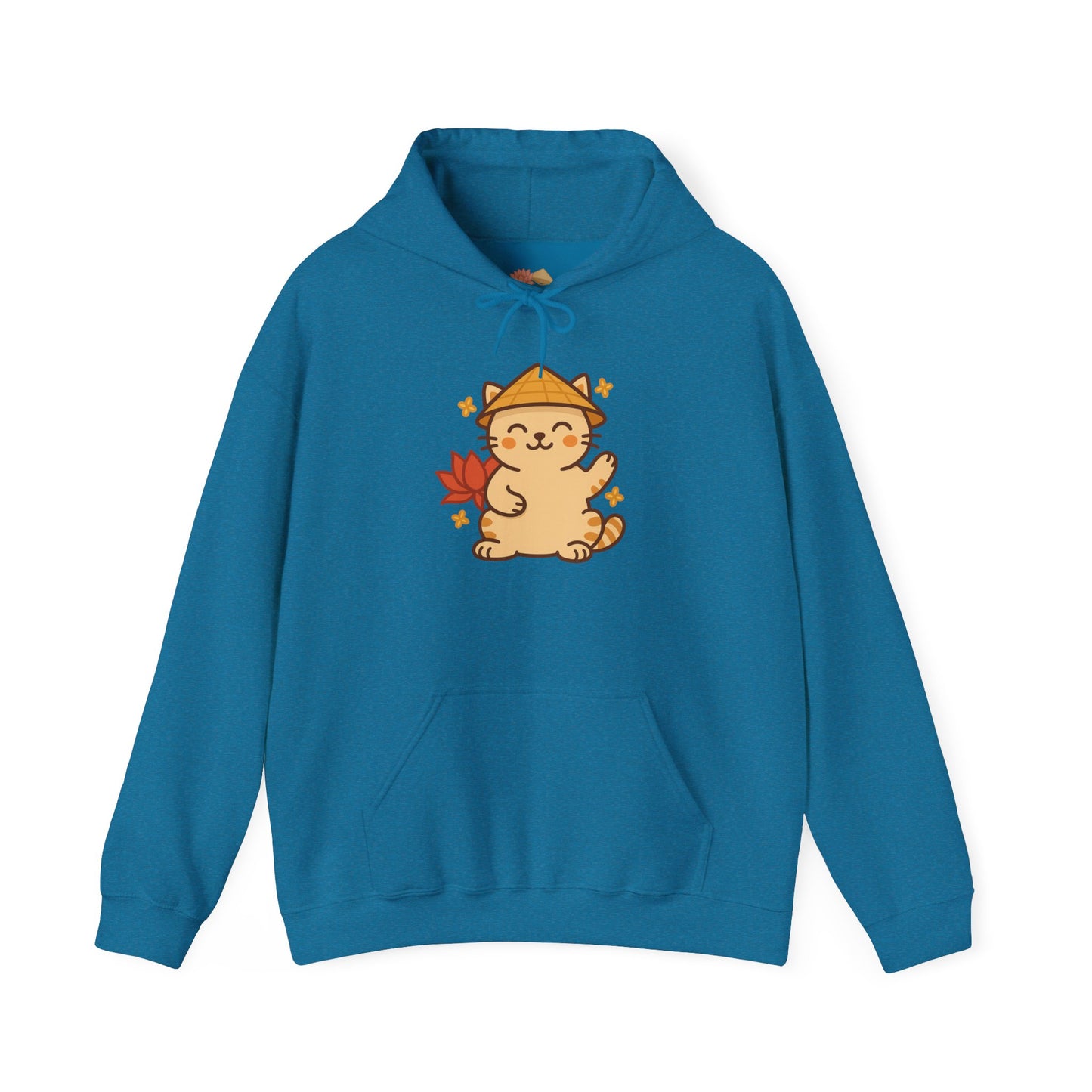 Lucky Vietnamese Cat Hoodie – Cute Cartoon Style with Lotus Flower & Nón Lá Hat