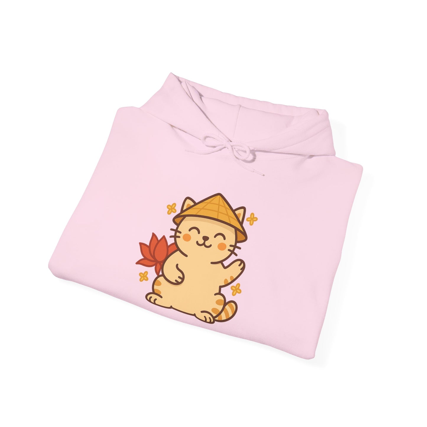 Lucky Vietnamese Cat Hoodie – Cute Cartoon Style with Lotus Flower & Nón Lá Hat