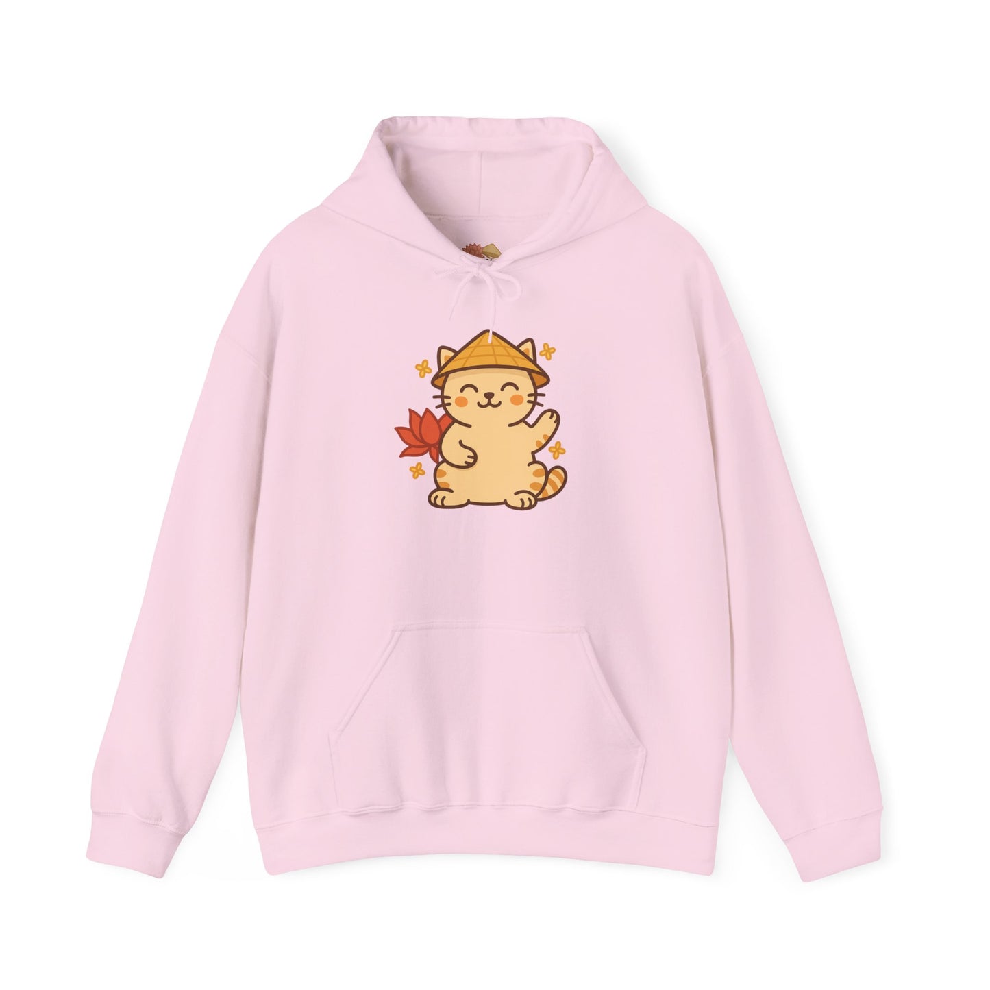 Lucky Vietnamese Cat Hoodie – Cute Cartoon Style with Lotus Flower & Nón Lá Hat