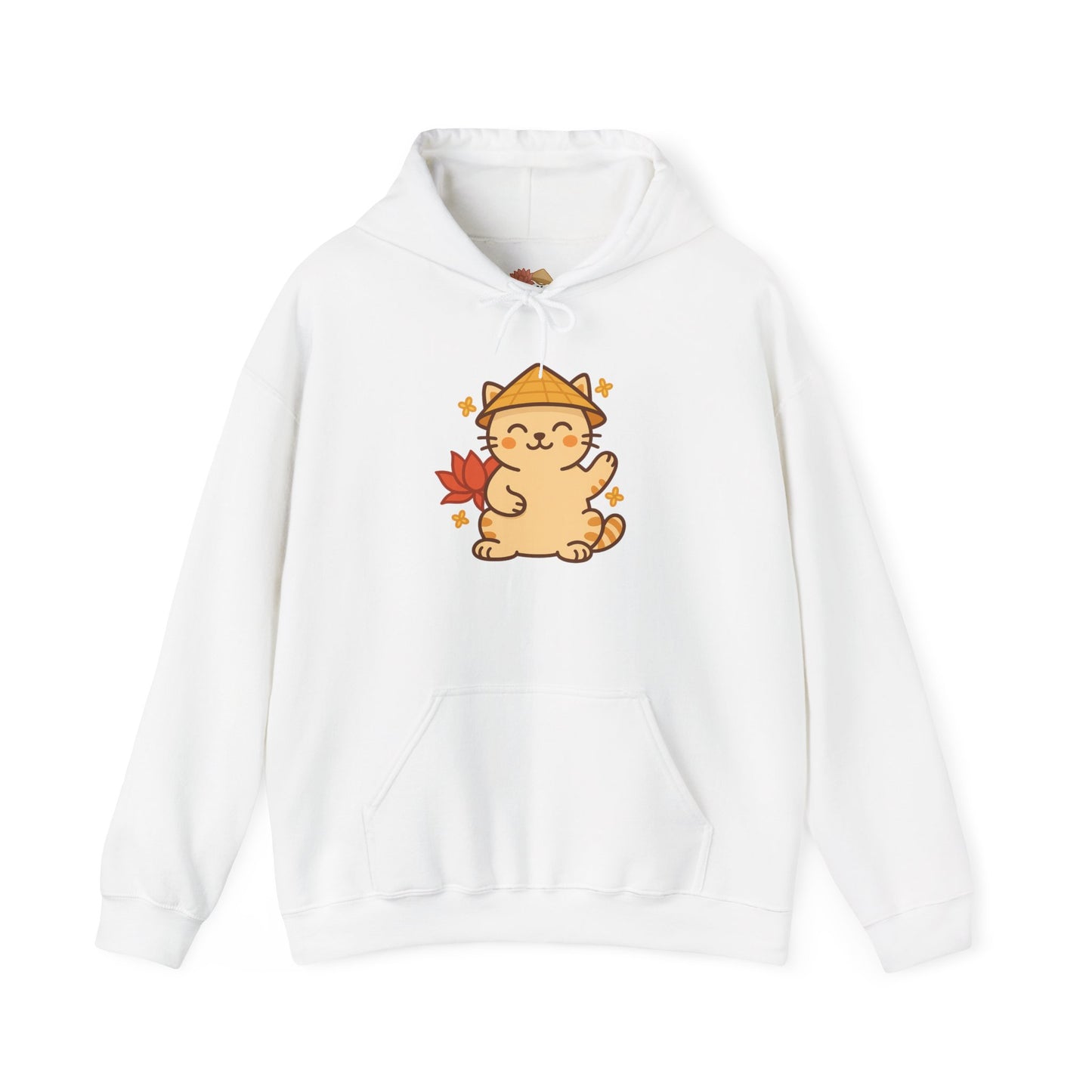 Lucky Vietnamese Cat Hoodie – Cute Cartoon Style with Lotus Flower & Nón Lá Hat