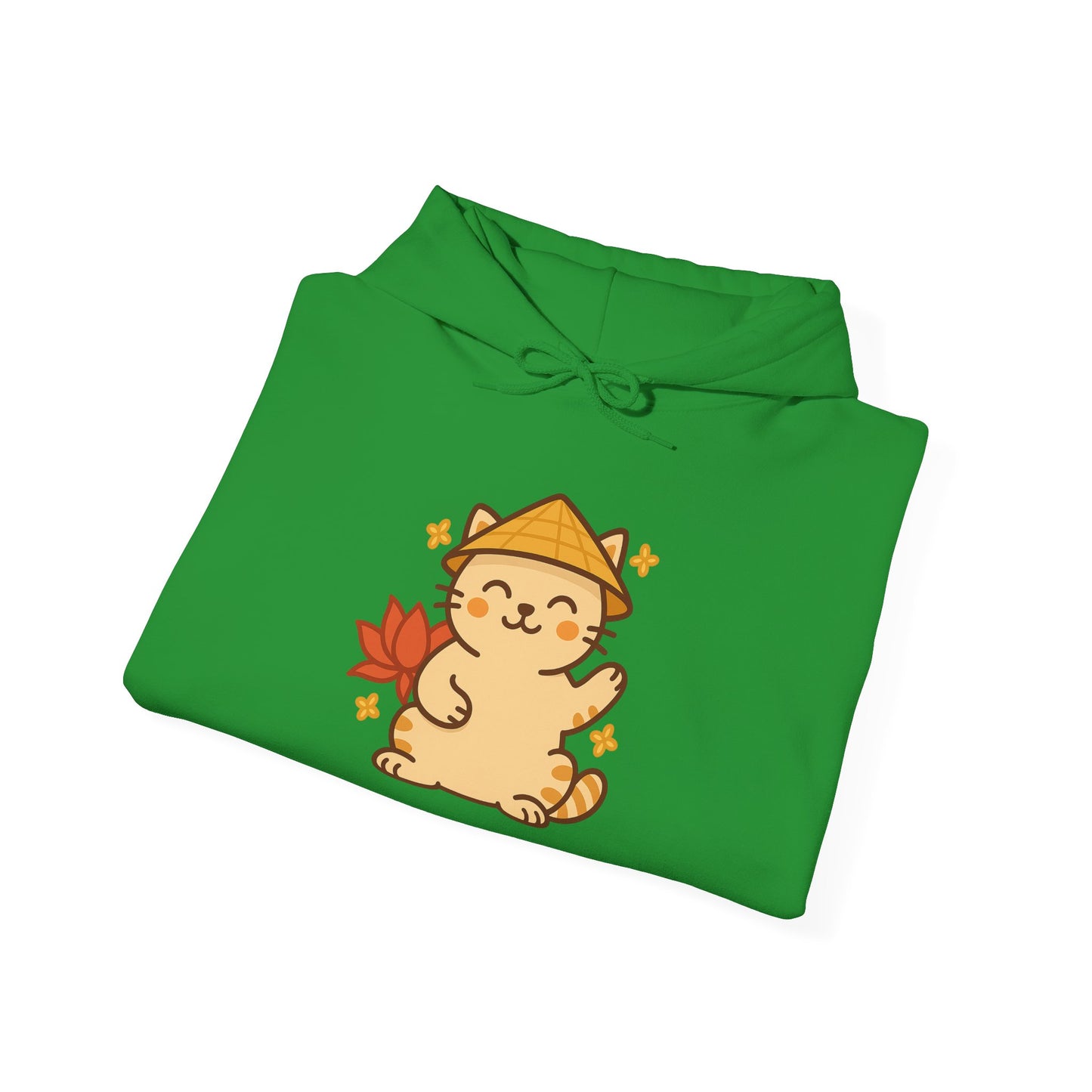 Lucky Vietnamese Cat Hoodie – Cute Cartoon Style with Lotus Flower & Nón Lá Hat