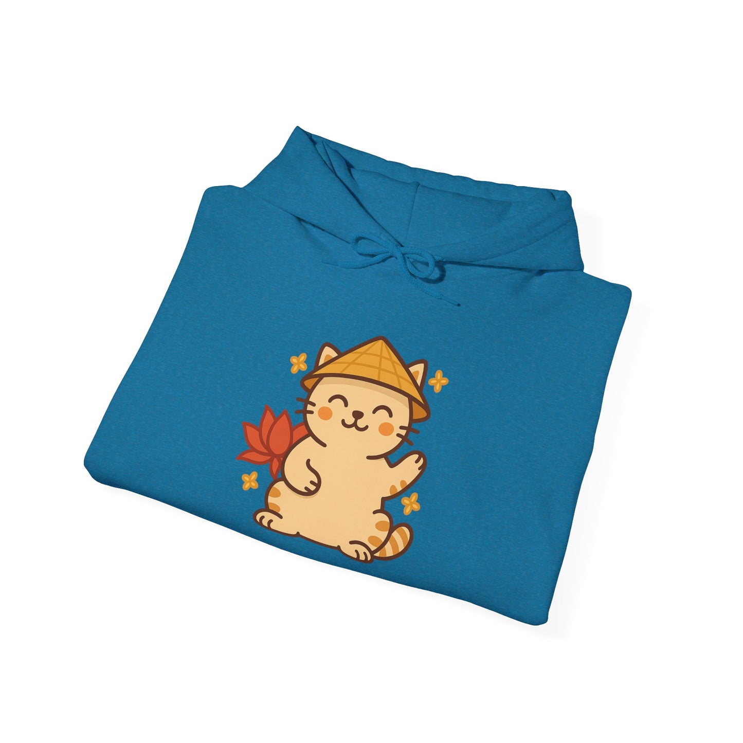 Lucky Vietnamese Cat Hoodie – Cute Cartoon Style with Lotus Flower & Nón Lá Hat